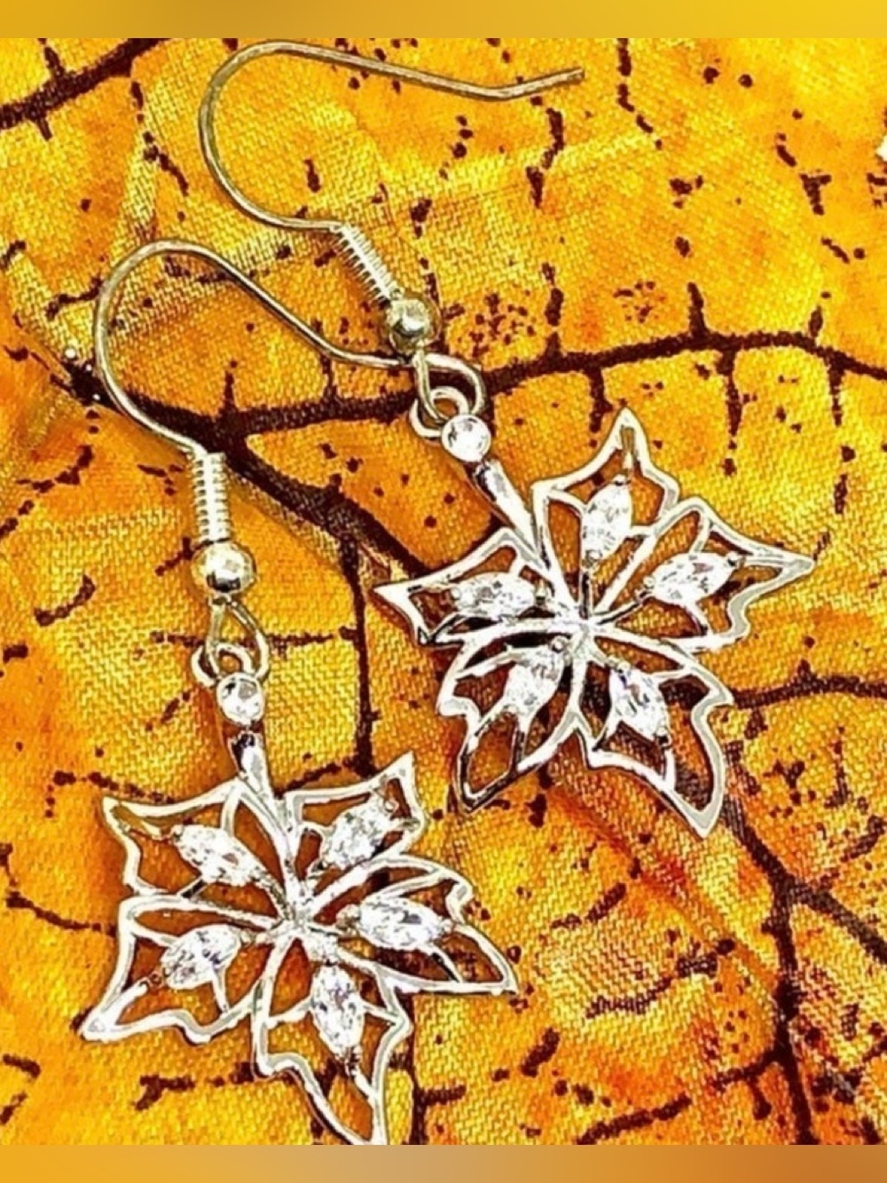 White Crystal Hollow Openwork Maple Leaves Leaf Silver Tone Dangle Earrings